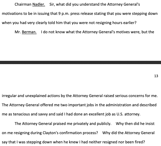 Berman for Nadler: Barr's "irregular and unexplained actions" raised "serious concerns." "The Attorney General praised me privately and publicly," Berman noted. "Why then did he insist on me resigning during Clayton's confirmation process?"