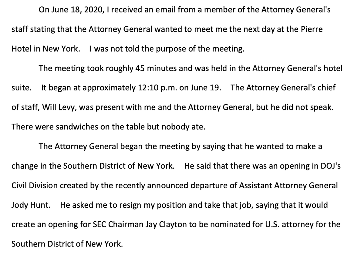 BERMAN: So Barr takes me out for lunch and says, "Hey my top two guys mysteriously quit - I'd like SDNY run by Jay Clayton, whose clients were Bear Stearns, Deutsche Bank, SoftBank, and Harvey Weinstein. You can take the gig in DC instead. Cool?"