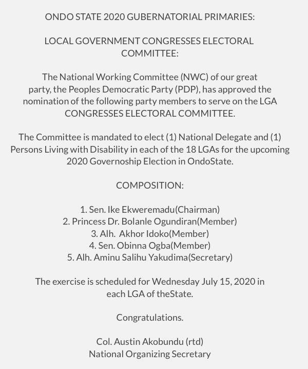 OfficialPDPNig's tweet photo. ONDO STATE 2020 GUBERNATORIAL PRIMARIES:

LOCAL GOVERNMENT CONGRESSES ELECTORAL COMMITTEE:

The NWC of our great party, the @OfficialPDPNig, has approved the nomination of the following party members to serve on the LGA CONGRESSES ELECTORAL COMMITTEE. Pls check details here👇 https://t.co/OdMUsH1D8U