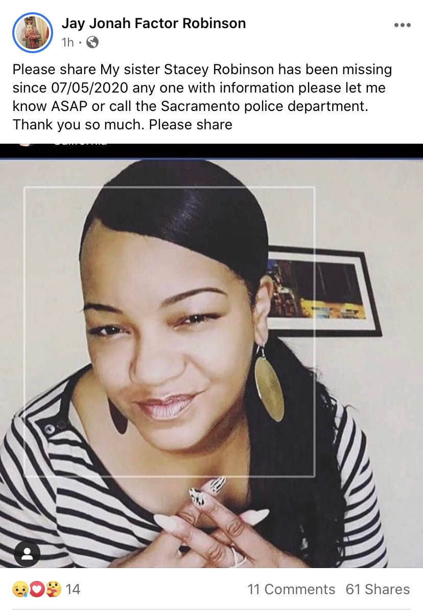 ChellyBo76's tweet image. ‼️Stacy Robinson has been missing since 07/05/2020 in Sacramento, Ca. Please RT