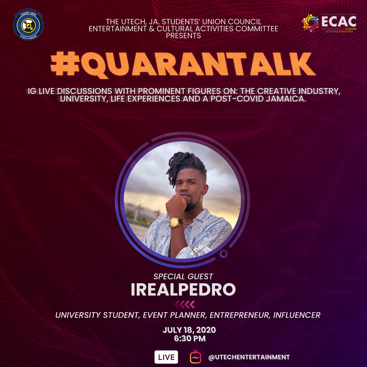 DavionBr's tweet photo. Join us live with @irealpedro on our next episode of #Quarantalk. Pedro is an Event Planner, Entrepreneur, Influencer and a current University Student.
Join us live!! #Quarantalk #PedroDon #Live @UTechEnt @UTStudentsUnion https://t.co/P0xsZDIApo