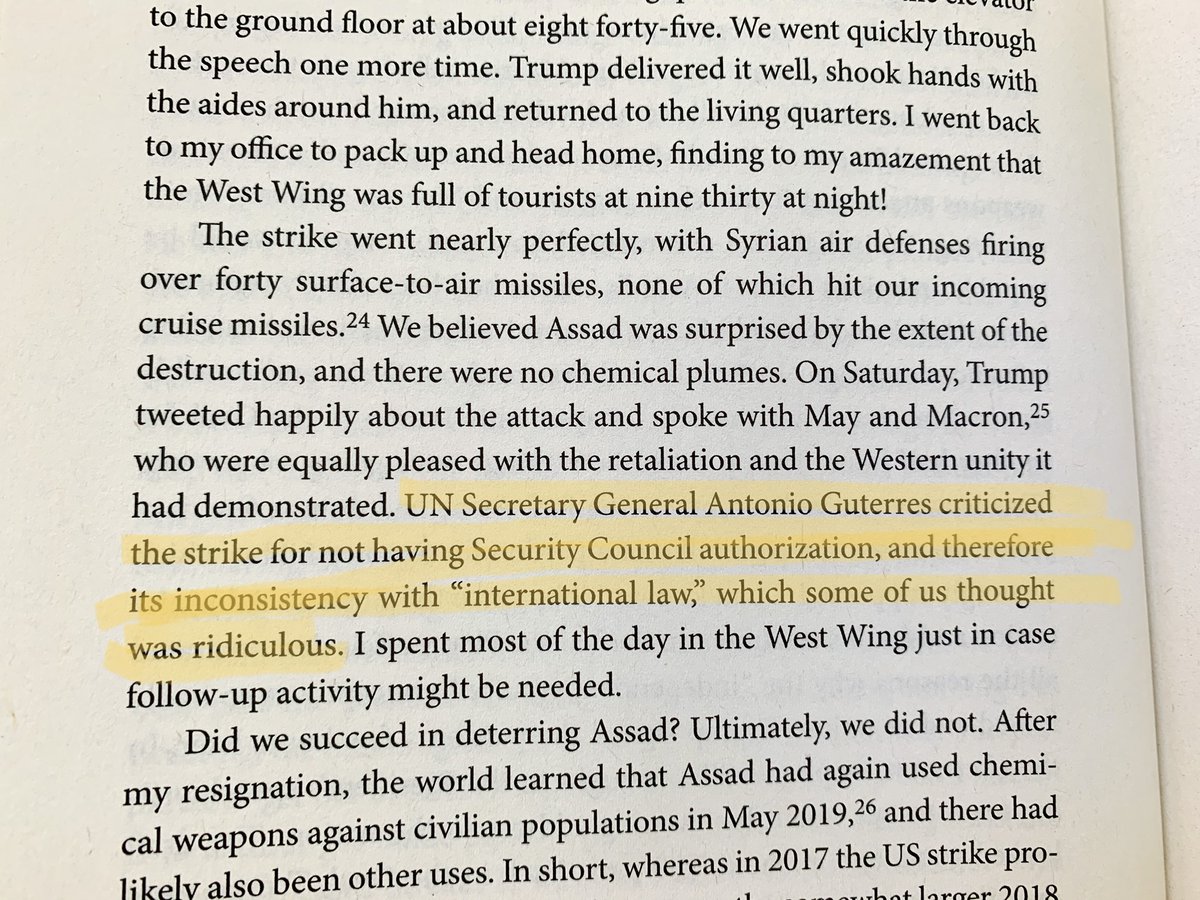 A nugget in John Bolton's book may explain a war powers q that arose in 2018 after Trump's strike on Syria: what was the admin legal team's analysis for how it complied with international legal constraints on using force? Their thinking consisted of "LOL."  https://www.nytimes.com/2018/06/01/us/politics/trump-war-powers-syria-congress.html