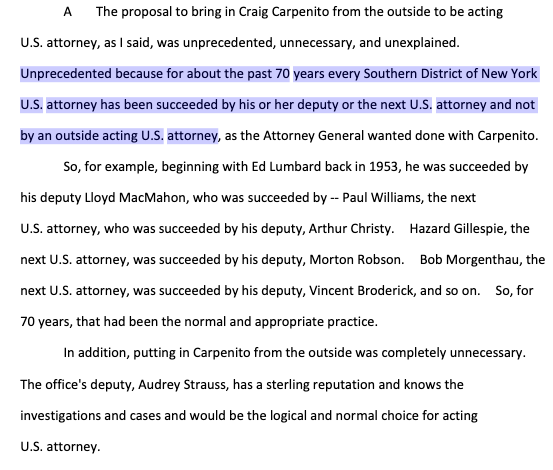 Berman's opening statement, released last week, called the original plan to choose an outsider for his replacement "unprecedented, unnecessary and unexplained." https://www.courthousenews.com/if-i-did-not-resign-i-would-be-fired-ex-prosecutor-relates-ags-warning/He dove into the history later in his testimony.