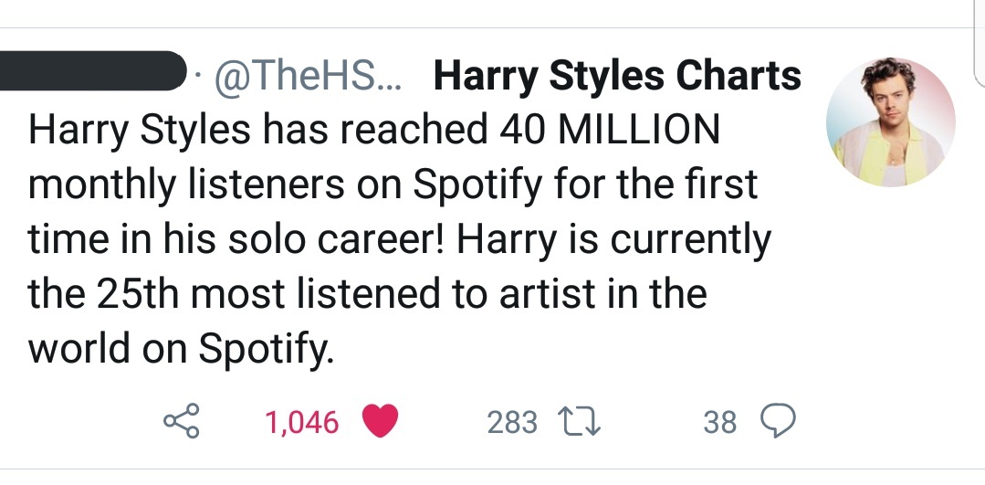 -Harry has reached 40M monthly listeners for the first time!-"Fine Line" is #3 on Billboard Canada seven months after its release.-"Fine Line" has now spent 30 weeks (exactly seven months) inside the top 10 also in NZ, Ireland and more.
