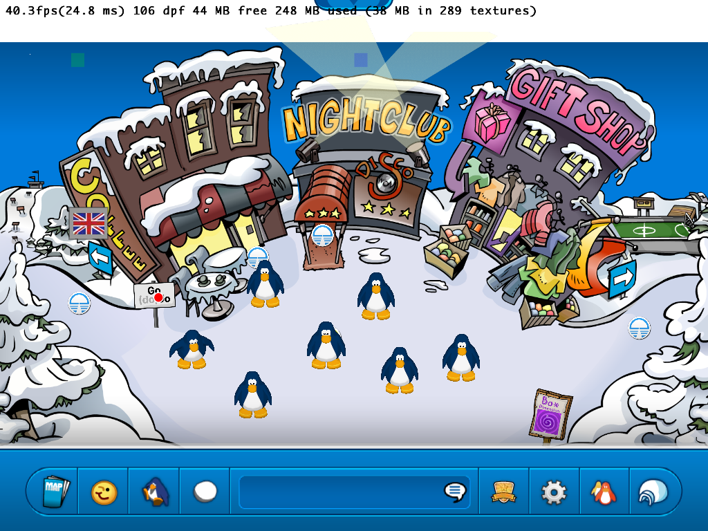 Real live players logged into the game server as 3D penguins. Still not scaled or lit properly. I tasked a junior engineer with rendering shadows under them ("Just draw a disk with a blur for now") and man was that a long discussion.