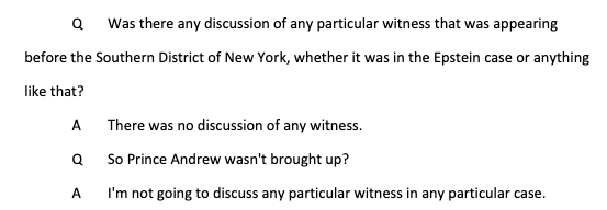 Asked about his meeting with Barr at NYC's Pierre Hotel, Berman says witnesses were not discussed.Q: So Prince Andrew wasn't brought up? A: I'm not going to discuss any particular witness in any particular case.