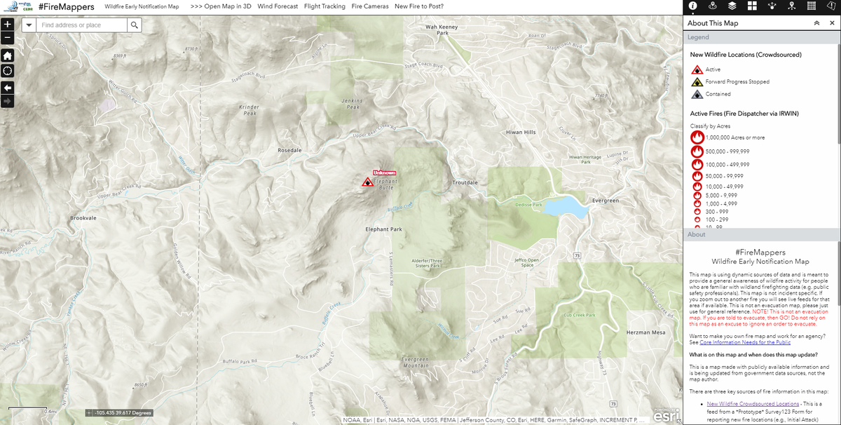 pjdohertygis's tweet photo. New fire near the 31000 block of Upper Bear Creek / Elephant Butte, just to the W of downtown Evergreen CO - #UnknownFire
Map Link: https://t.co/Zuq1e3rohj
Comments: Follow @jeffcosheriffco for evacuation information. https://t.co/ePmIQxCWrZ