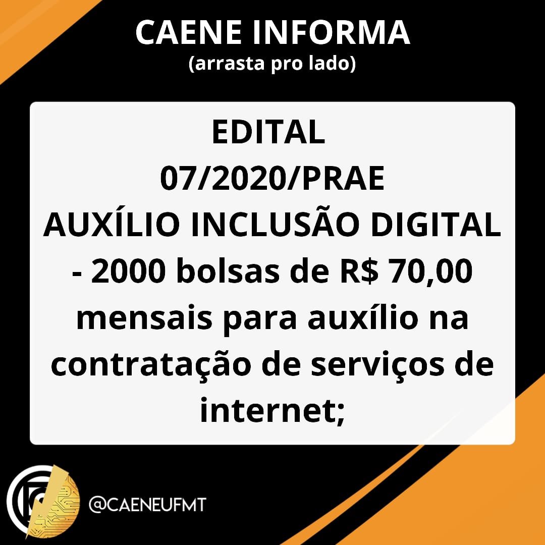 caeneufmt's tweet photo. A PRAE divulgou os editais para Auxílio de Inclusão Digital e Compra de Equipamentos, para que nenhum aluno fique de fora da flexibilização para aulas online.

Postagem Original com os Link: https://t.co/v2yN0yUOoD https://t.co/vo2ULBQ573