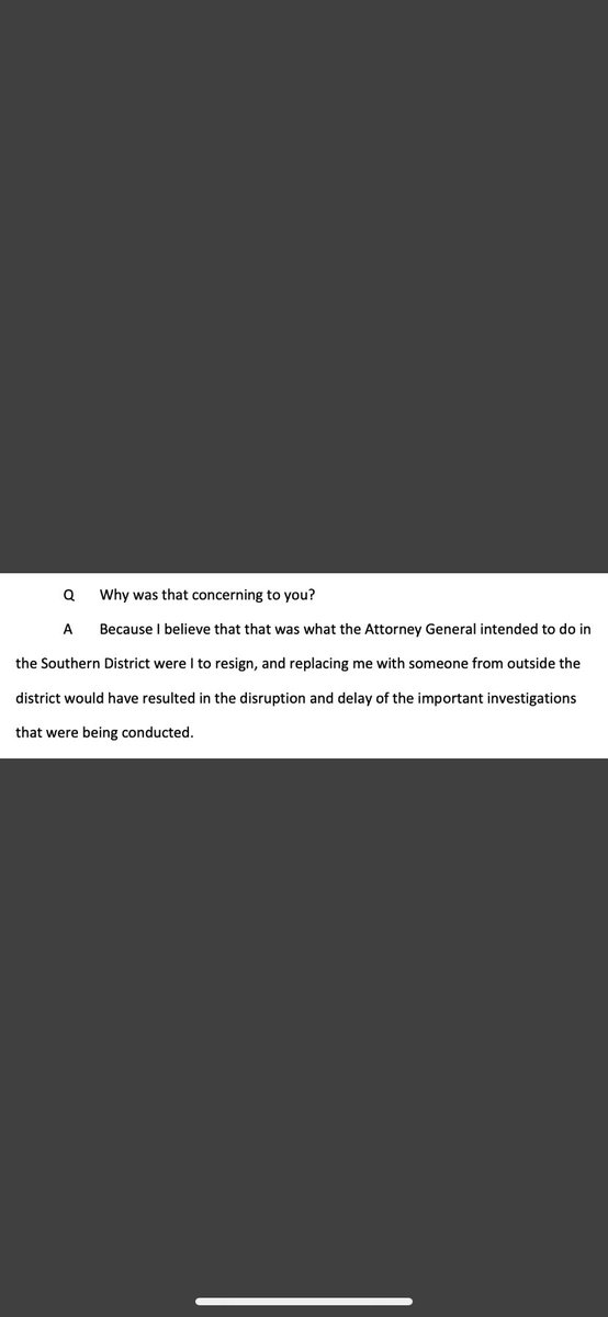 While Berman was not permitted to discuss the details of his firing (according to Barr), he still revealed them to the House Judiciary in his testimony: Barr was acting to impede, obstruct, or delay active SDNY investigations. This was only prevented by Berman’s resistance.