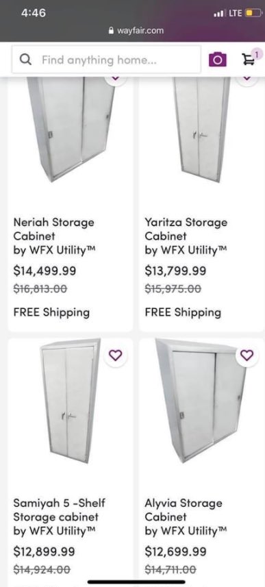 Someone posted a screenshot of hellishly overpriced cabinets on Wayfair that just so happened to have different names and different prices. This company is called WFX Utility.