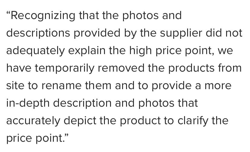 Notice she also said “the supplier did not adequately explain the high price point.” But WFX Utility is owned by Wayfair. Why would they go out of their way to blame the seller, when they ARE the seller??? Also, an old Vox article tells us THEY decide prices.