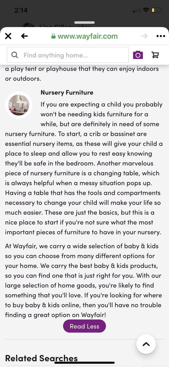 If you go to their “Babies and Kids” section and scroll all the way down, under Nursery Furniture you will find an interesting “typo” that happens twice in one paragraph. I wasn’t sure if it was true. It is. The first is what I saw online, second is my own screenshot.