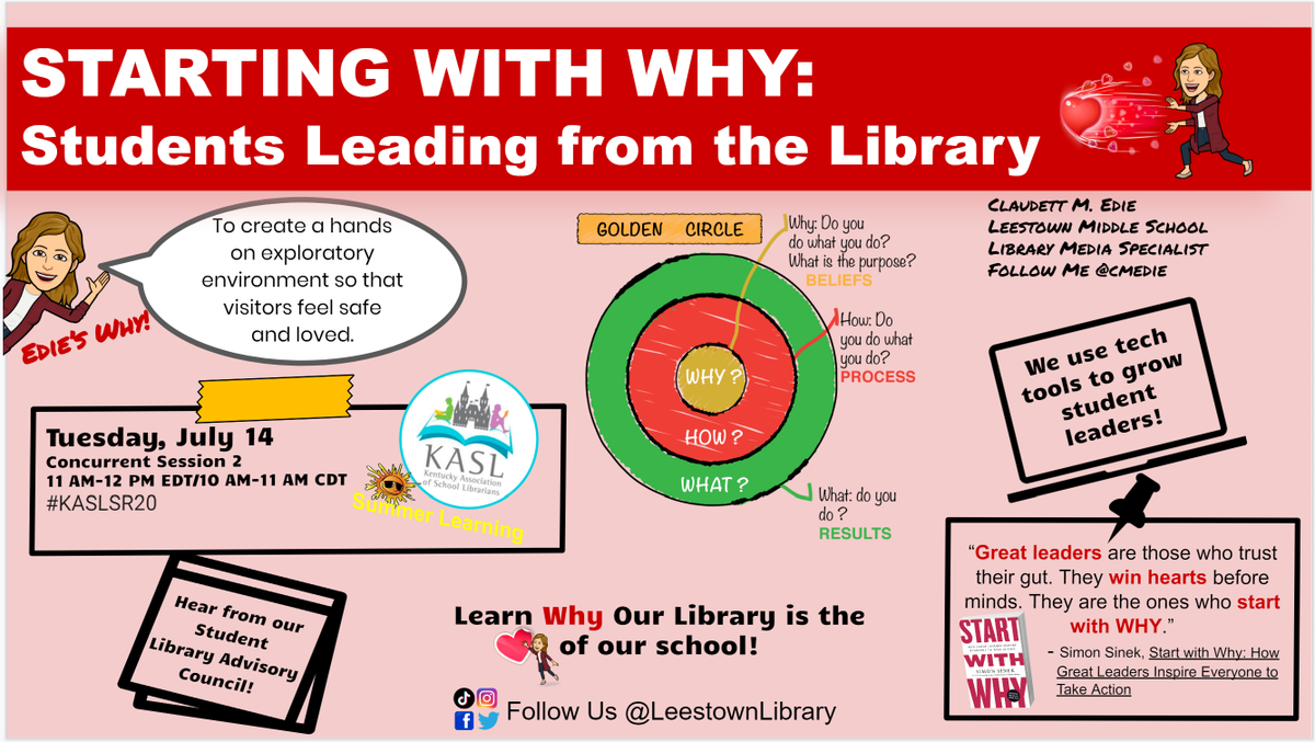 claudettedie's tweet photo. Join members of the @TheLeestownWay Student Library Advisory Council to learn why #startingwithwhy makes our
@LeestownLibrary the ๐of our school!
@KASL_Librarians Summer Refresher
Tomorrow, Tuesday, July 14
Concurrent Session 2
11 AM-12 PM EDT/10 AM-11 AM CDT
#KASLSR20 https://t.co/DJLpZaRwqD