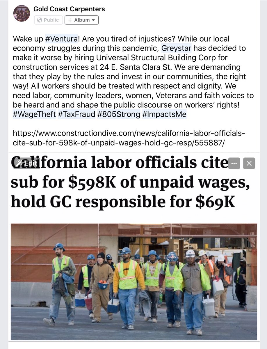 oxnardwatchdog's tweet photo. Universal Structural Building Corp. just got contracted to work at 24 E. Santa Clara St. in #Ventura. Wow, it’s crazy that such a reputable company like @GreystarApts would scrape the bottom of the barrel. #WageTheft #WakeUpVentura #805Strong #ImpactsMe #CriminalContractors https://t.co/85Ac21X2B4