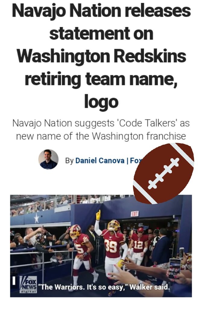 Rochelle_QT's tweet photo. Well it's Official; The #NFL team name of #WashingtonRedskins is No Longer! π ββ Team will be Renamed now due to continuous pressure from Indian Community claiming it's considered Racist & inappropriate. Sooo what will the former #NFLRedskins be named now? π #CodeTalkers π https://t.co/uYLKry2ik2