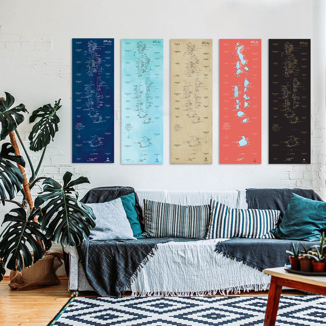 Eatolls Maps Ready for your wall, basic edition 3x1ft comes with 3mm form board. Information on basic editions: inhabited islands, airports, names of the main sea channels. #mapofmaldives #maps #eatolls #printmap