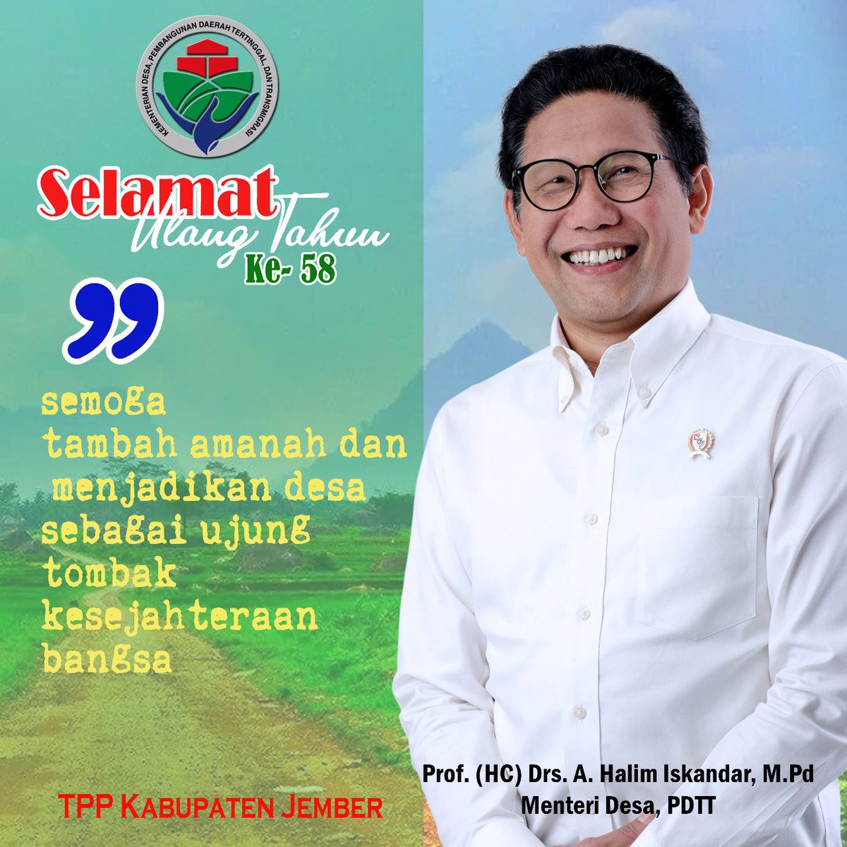 Agus52948735's tweet photo. #Harlah58GusHalim
#tppijatim
#tppijember
@jokowi 
@halimiskandarnu 
@anwsanusi
@malik_haramain
@imansyukri
@taufikmadjid71
@fachrilabalado 
@azzameldzikrie 
@tppkemendes 
@KemenDesa
@kpw4jatim
@ahmad_dewanto 
@bakronhadi80 https://t.co/enI0aVGuLP