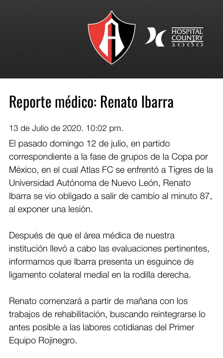 artusantillanes's tweet photo. Reporte médico de Renato Ibarra 

#Atlas 🦊 https://t.co/poU9JjT1z8