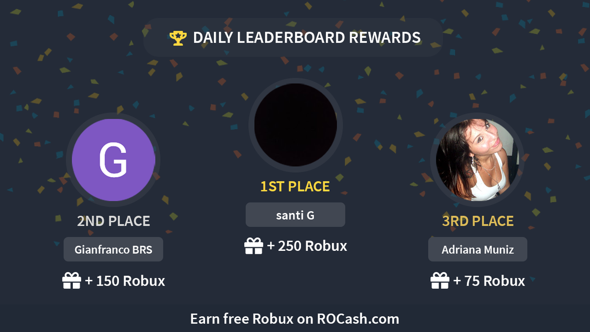 Rocash Com On Twitter Congratulations To Our Daily Leaderboard Winners Santi G Led The 1 Spot With 3 000 Robux Earned Today Santi G 250 Robux Gianfranco Brs 150 Robux Adriana Muniz 75 - free robux 25k