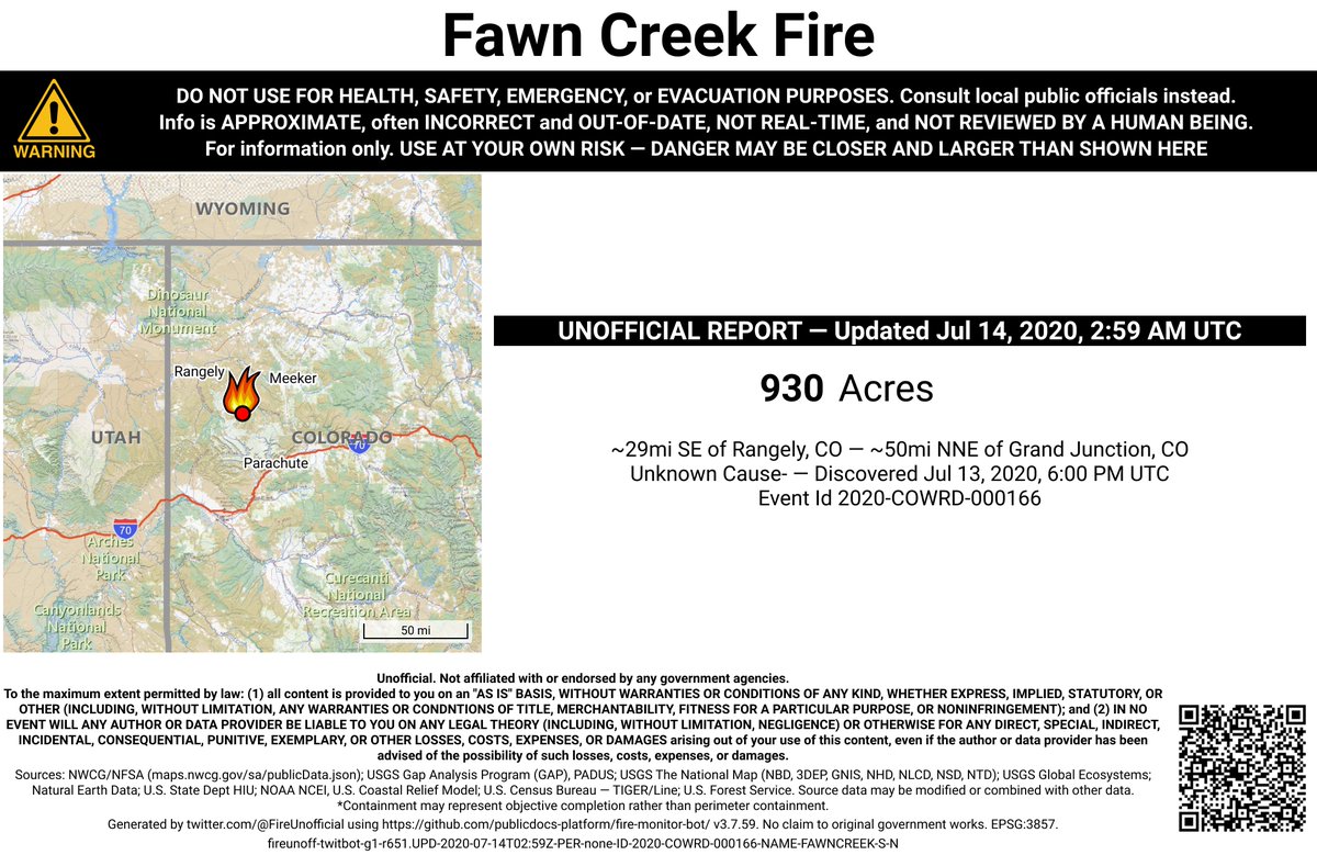 RockyMtnFireBot's tweet photo. #FawnCreekFire 🔥 unofficial, automated update.
~29mi SE of Rangely, CO. ⚠️ DO NOT USE FOR SAFETY PURPOSES - See officials instead. May be incorrect; disclaimers in images. https://t.co/UWbsBalDpd
