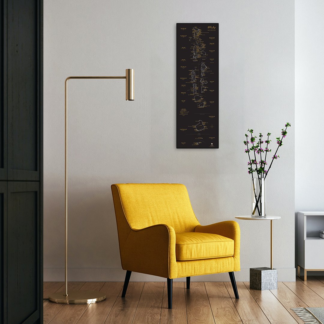 Eatolls Maps Ready for your wall, Matte Black basic edition 3x1ft comes with 3mm form board. Information on basic editions: inhabited islands, airports, names of the main sea channels. #mapofmaldives #printmap #eatollsprintmap #eatollsmap #eatolls