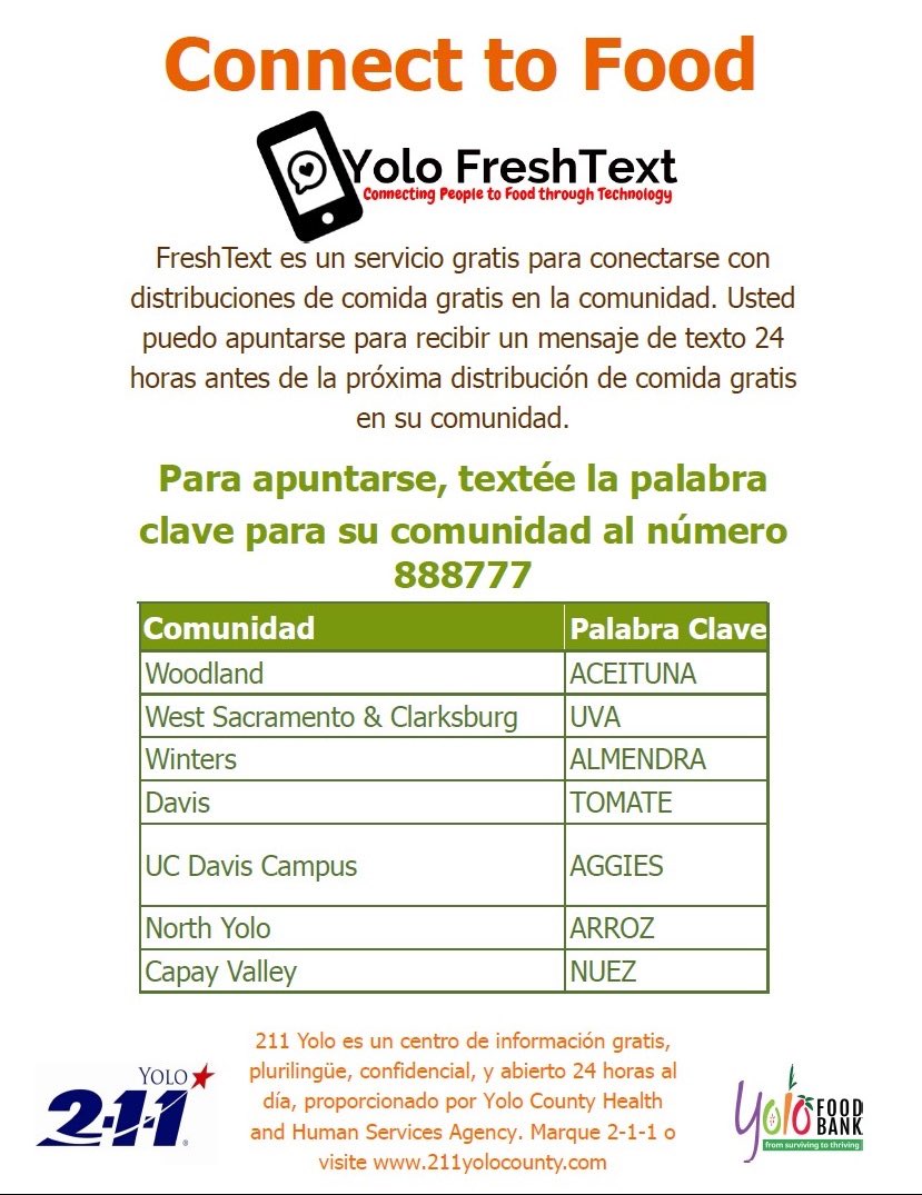 FreshText — a free service where you can opt in to receive text reminders 24 hrs before the next free food distribution in your community! Text the corresponding keyword, according to your community, to 888777 to sign up 📲🥦