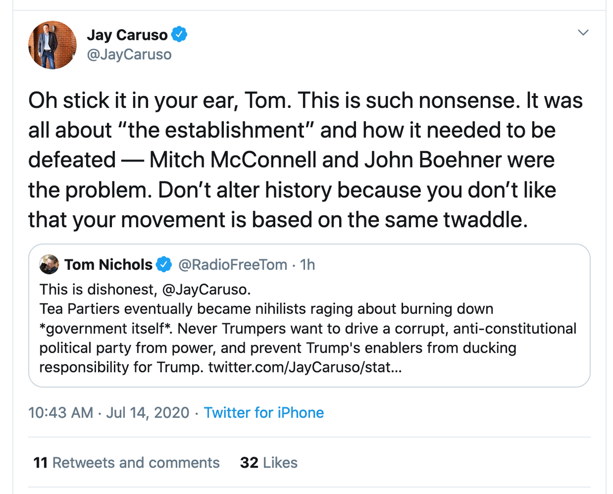 There is an admirable nihilistic evacuation to  @JayCaruso's argument that - ok. Let's work back and through. Caruso is making the point that  @RadioFreeTom doth protest too much in the Tea Party dept. That is, there wasn't exactly a 'good' Tea Party that then went nihilist. 1/