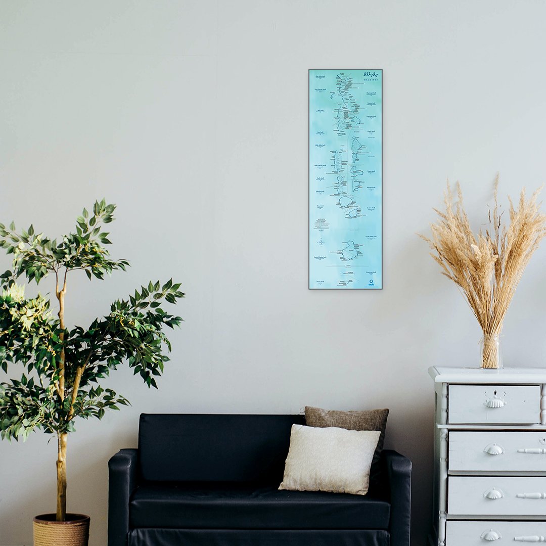 Eatolls Maps Ready for your wall, Matte Black basic edition 3x1ft comes with 3mm form board. Information on basic editions: inhabited islands, airports, names of the main sea channels. #mapofmaldives #printmap #eatollsprintmap #eatollsmap #eatolls
