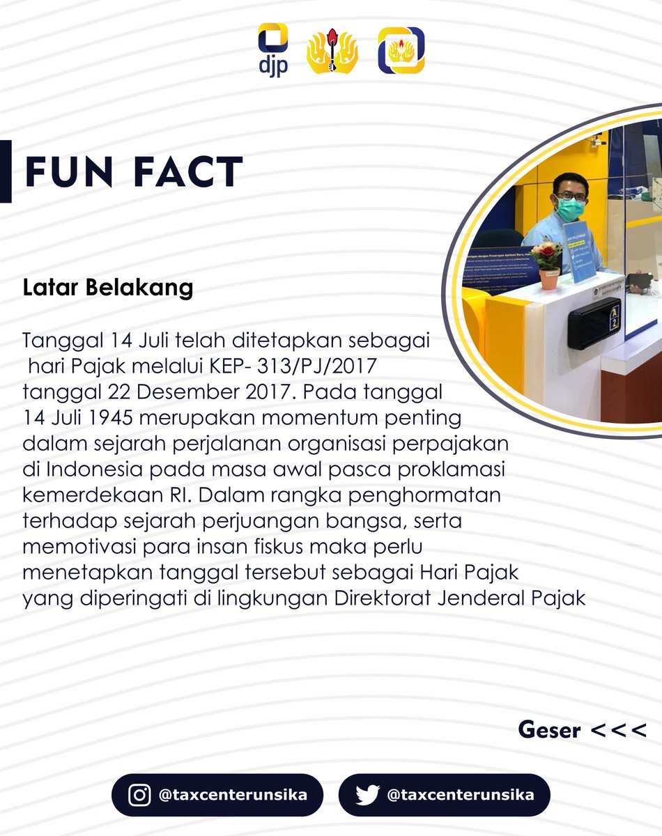 TaxCenterUnsika's tweet photo. Selamat Hari Pajak Nasional!
Semoga kesadaran masyarakat dalam melaksanakan kewajiban di bidang perpajakan selalu meningkat, karena pajak adalah salah satu sumber dana yang digunakan untuk pembangunan berbagai fasilitas/infrastruktur negeri ini.
#TCPROGRESIF
#HariPajakNasional https://t.co/erPs9P2Xji