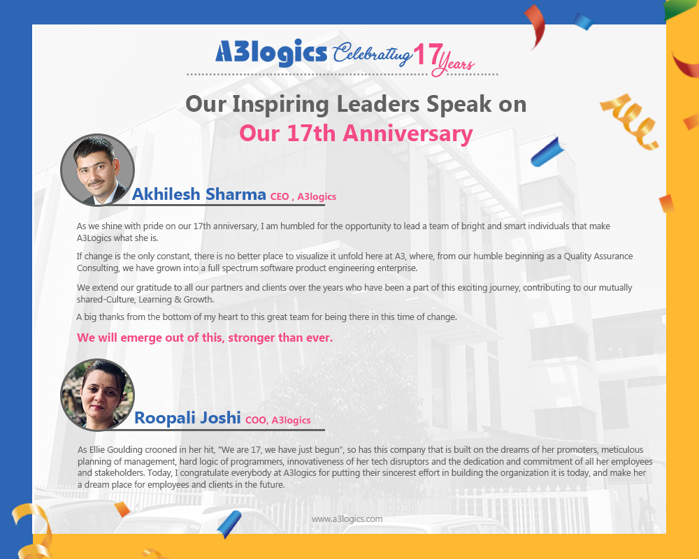 Words of inspiration from our leaders

#A3logics #leadersspeak #celebratinganniversary #inspiration