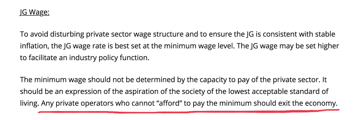 Finally, the  #MMT-designed job guarantee.“Any private operators who cannot “afford” to pay the minimum should exit the economy.”The JG empowers workers, which by its nature is a strike against those who wish to disempower them.From  @billy_blog:  http://bilbo.economicoutlook.net/blog/?p=23719  