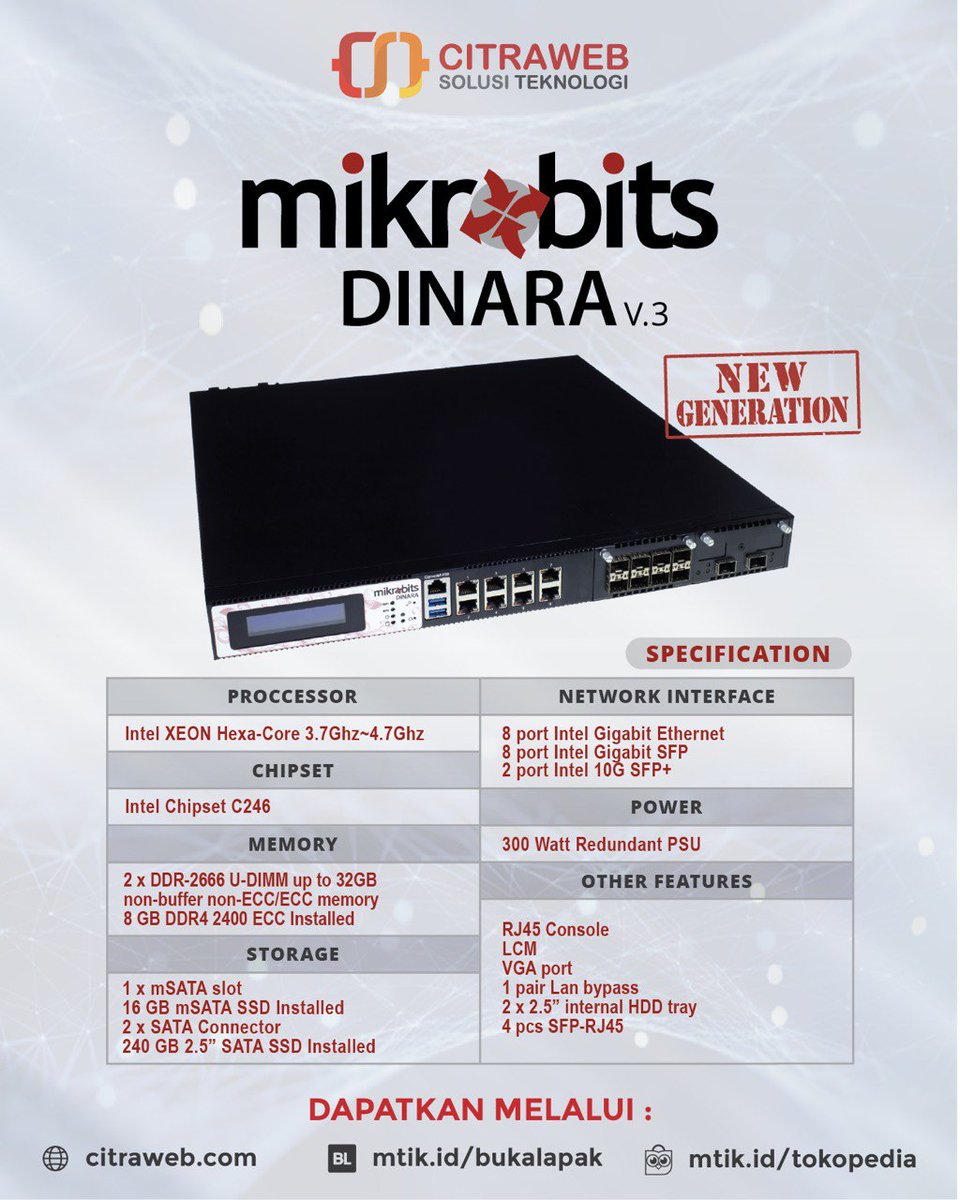 mikrotik_id's tweet photo. Mikrobits New Generation Dinara V.3 dan Ainos V.3 merupakan perangkat Network Appliance yang dikembangkan oleh PT. Citraweb Solusi Teknologi dengan upgrade perangkat yang cukup signifikan.
#Mikrobits #DinaraV3 #AinosV3 #CoreRouter #Router #Mikrotik #RouterOS #Citraweb #CST https://t.co/2jc2ju60HZ