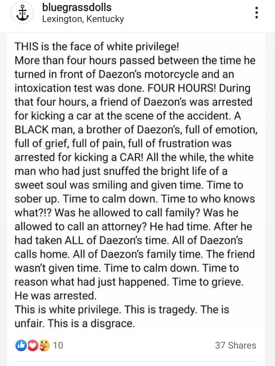 While Daezon was laying dead, police waited 4 hours to give Starling sobriety test. At the scene, one of Daezon's friends kicked a car. A black man kicks a car in grief and is arrested while the white man who caused that grief walks free.  #JusticeForDaezon