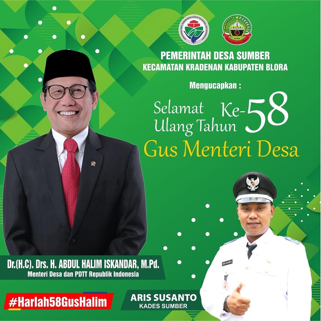 Selamat ulang tahun <a href="/halimiskandarnu/">ABDUL HALIM ISKANDAR</a>  sehat dan sukses selalu,  semoga di berikan kemudahan dan kelancaran dalam membangun Desa desa di seluruh Indonesia
<a href="/jokowi/">Joko Widodo</a> 
<a href="/anwsanusi/">Anwar Sanusi</a>
<a href="/malik_haramain/">malikharamain</a>
<a href="/imansyukri/">Iman Sukri</a>
<a href="/taufikmadjid71/">IG : taufik.madjid</a>
@fachrilabalado 
<a href="/tppkemendes/">TPP KEMENDES</a> 
<a href="/KemenDesa/">Fast Track Travel</a> 
#HARLAH58GusHalim