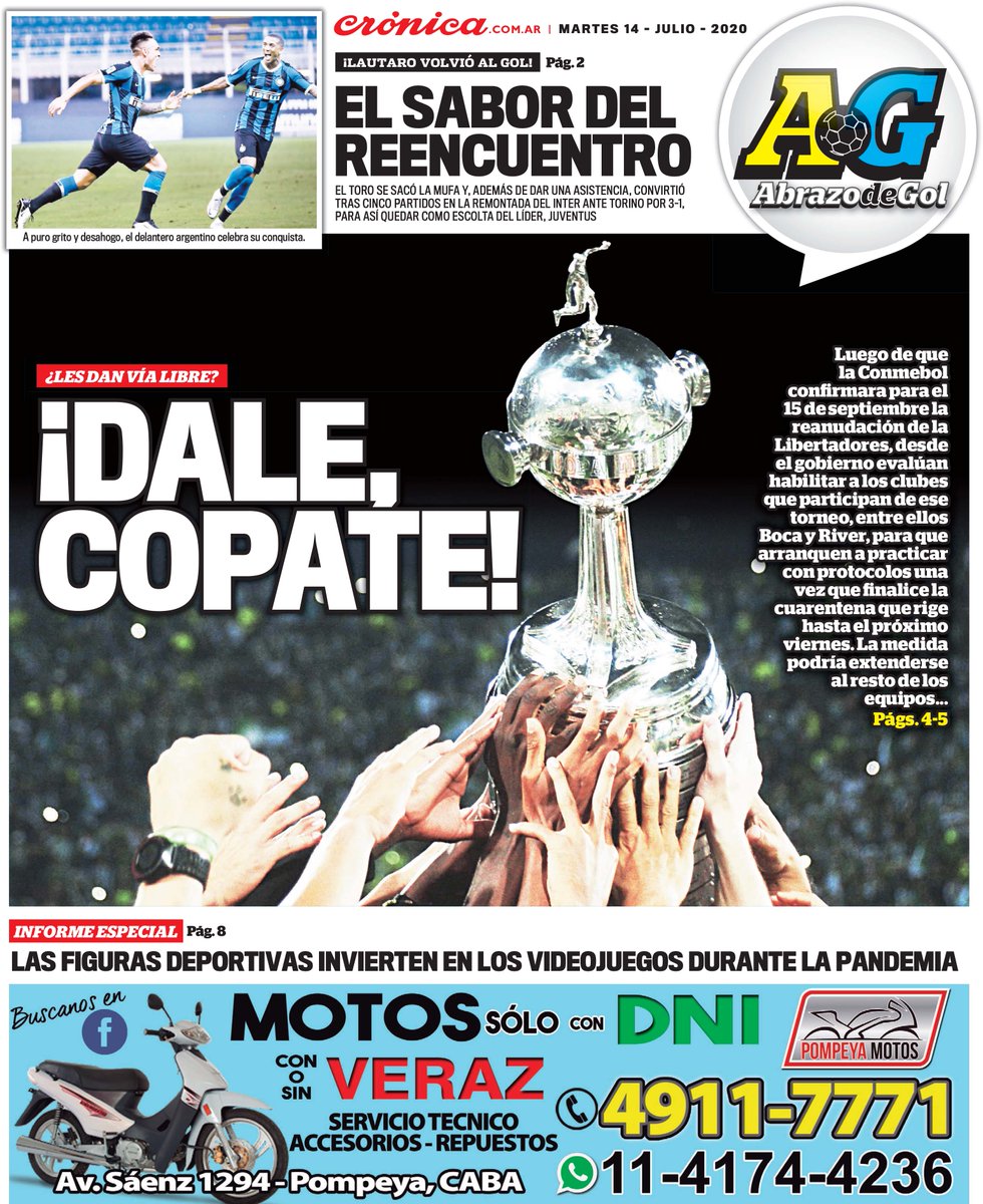 Cronica_ok's tweet photo. La tapa de #AbrazoDeGol: Lautaro Martínez #ElSaborDelReencuentro; Equipos que juegan la Copa Libertadores #DaleCopate y Las figuras deportivas intervienen en los #Videojuegos durante la pandemia https://t.co/ez71Aszjp2