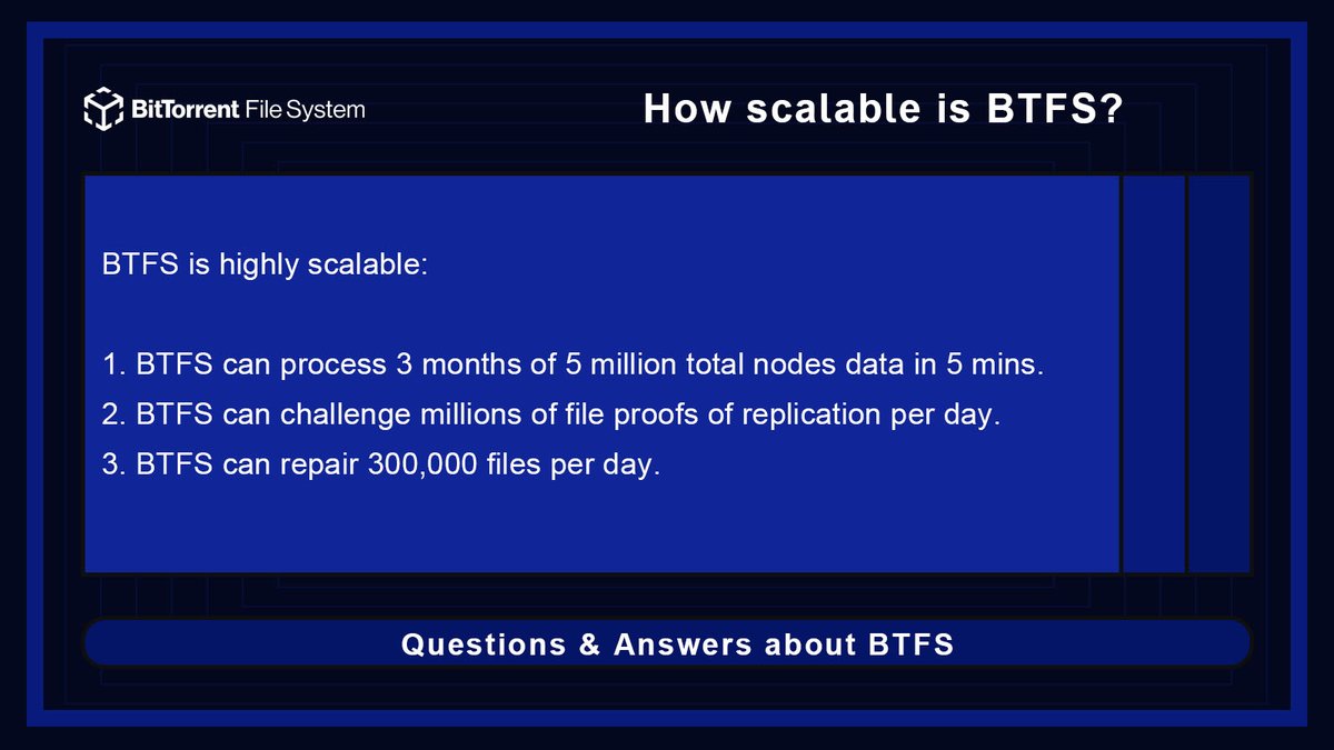 BitTorrent's tweet photo. 📢#BTFSClass: Q&A
🧐How scalable is #BTFS?
#BTFS is highly scalable:
✅#BTFS can process 3 months of 5 million total nodes data in 5 mins
✅#BTFS can challenge millions of file proofs of replication per day
✅#BTFS can repair 300,000 files per day
#TRX #BTT
Check more👇 https://t.co/hJOVXtrHLR