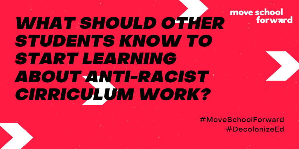 moveschoolfwd's tweet photo. How can we push for decision makers to #DecolonizeEd and #MoveSchoolForward?

"The biggest thing is explaining why. If a school is not for that, it's because they are blind to the injustices that other students are facing because it doesn't affect them." says Amina, @cuseyouthblm https://t.co/mSv4nDKFz4