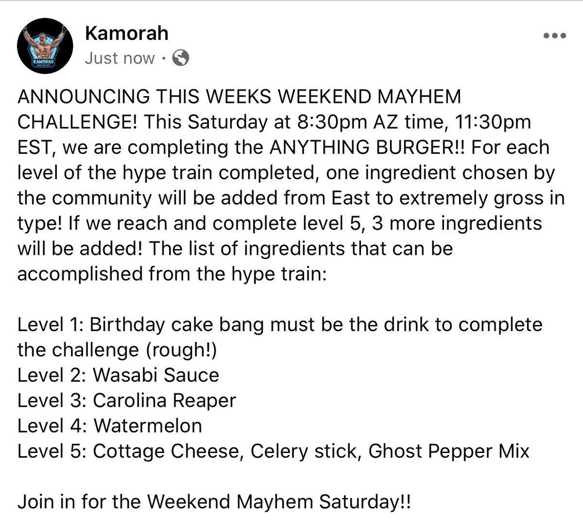 Kamorah_Twitch's tweet photo. Details for this weeks edition of Weekend Mayhem: THE ANYTHING BURGER!! 

#twitch #gamer #smallstreamer #smallstreamersconnect #smallstreamercommunity #burgerchallenge #foodchallenge #kamfam #maybem #weekendmayhem https://t.co/46BvU028uW
