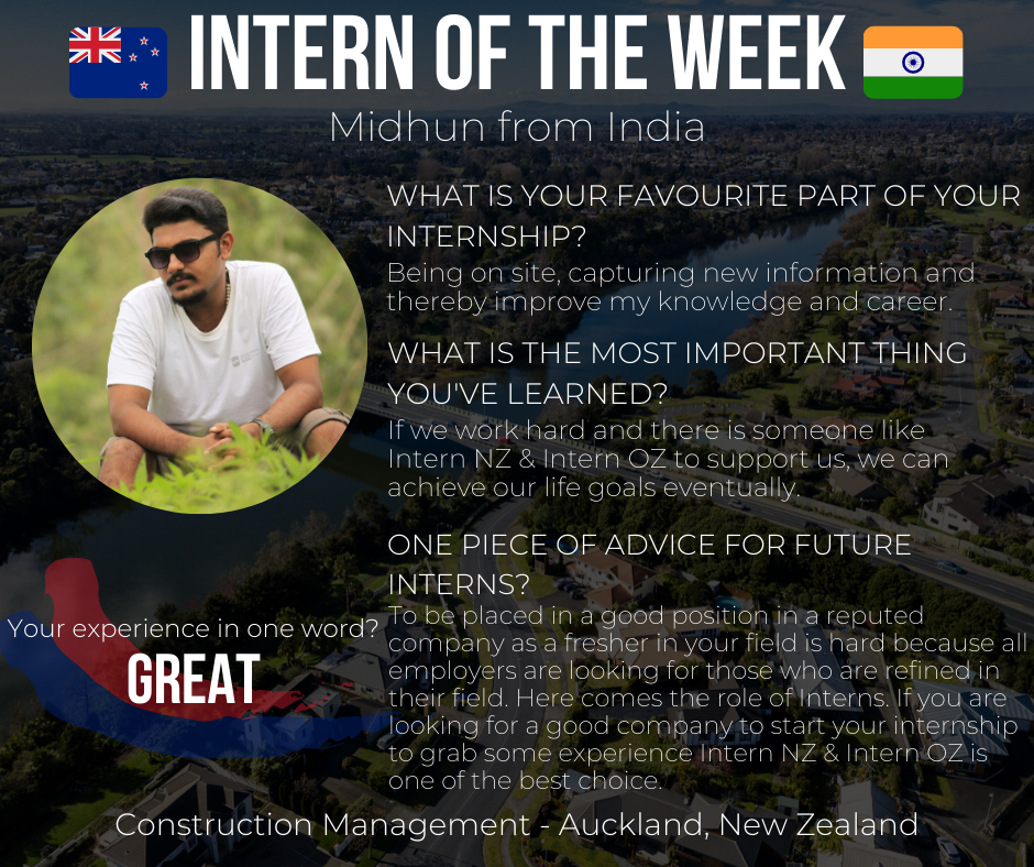 intern_nzoz's tweet photo. Midhun from India is our Intern of the Week! 😃
He is doing his Construction Management Internship in Auckland, New Zealand.
Thank you Midhun for sharing your experience with us! https://t.co/rQ8g2kn9xO
