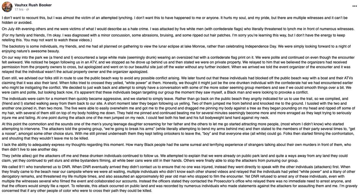 MarviaJ20968's tweet photo. ***Interesting to Note: This attempted hanging/lynching of Mr. Vauhxx Booker occurred on July 4th and is not coincidental. This is the klan's playbook. Attached is a copy of Mr. Booker's documented statement of what happened to him on July 4, 2020.*** https://t.co/FOmRpVyR0o

Let's Keep Shining the Light on these atrocities! Let us Not Forget His Name: Nolan Xavier Wells.