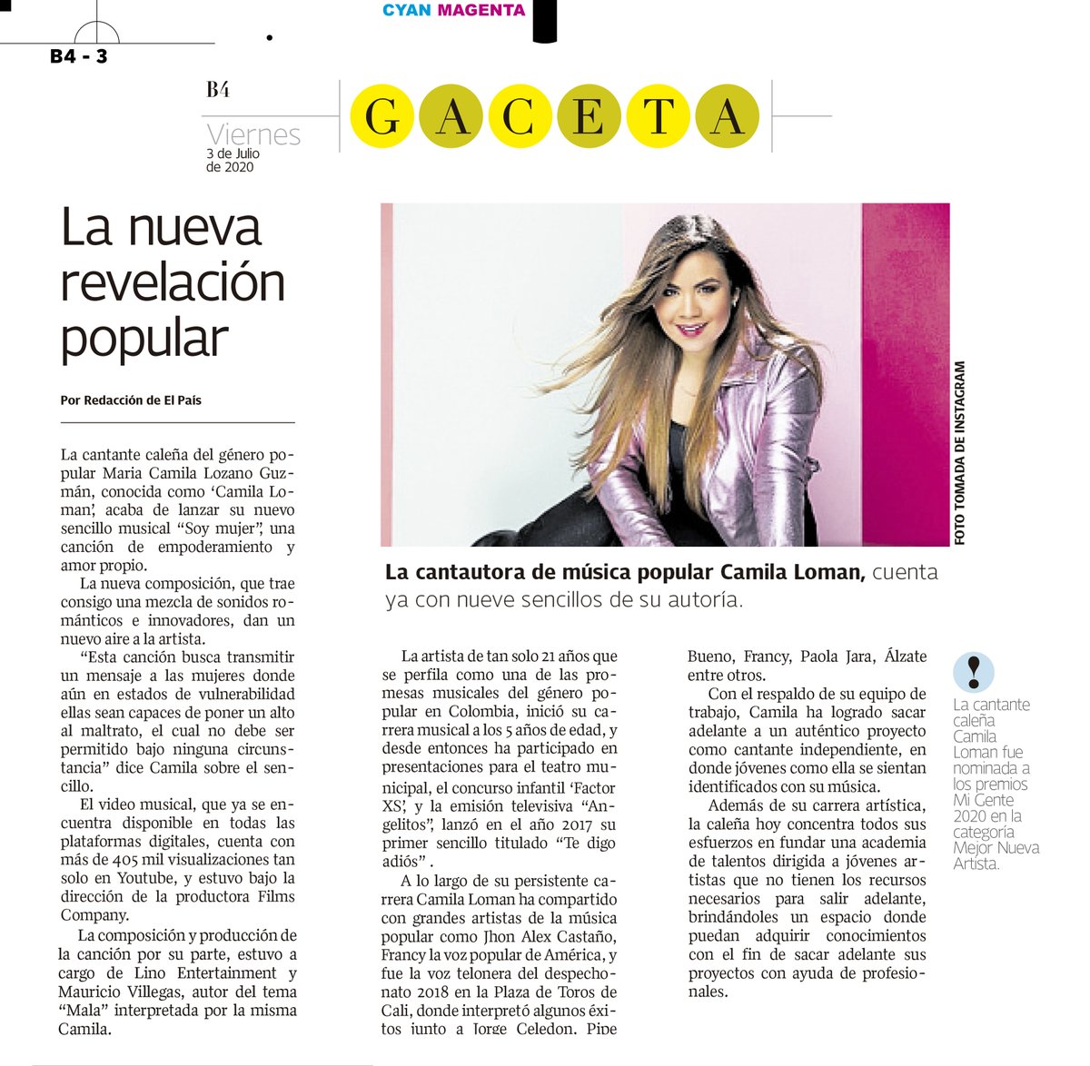 AMEntertaiment1's tweet photo. Camila Loman es noticia en El País 
“La nueva revelación popular”
#press #impreso https://t.co/zvxESK9hP5