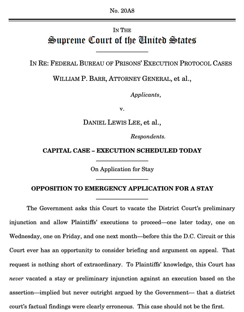 The response to DOJ's  #SCOTUS request to allow today's execution to proceed is tough and strong.  https://www.supremecourt.gov/DocketPDF/20/20A8/147688/20200713191559277_FBOP%20SCOTUS%20Joint%20Opp.pdf