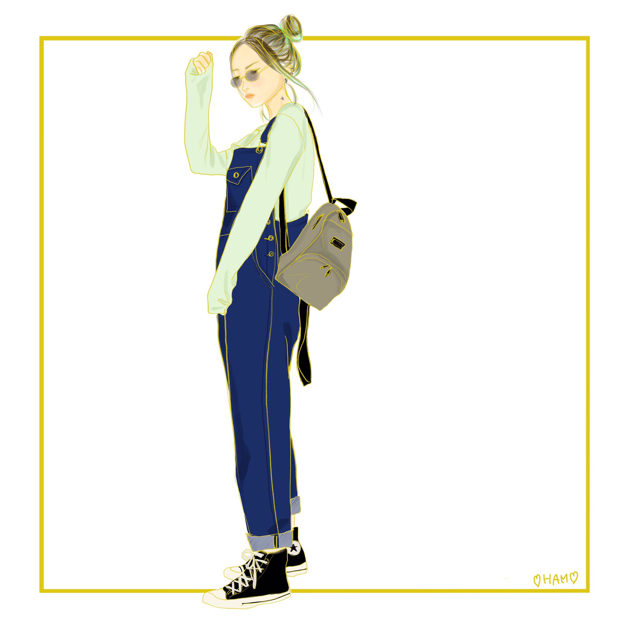 Ham Fashion 強め女子 オーバーオールコーデ お団子ヘア イラスト ファッションイラスト イラスト好きさんと繋がりたい おしゃれさんと繋がりたい T Co Sd3mfovcbc Twitter