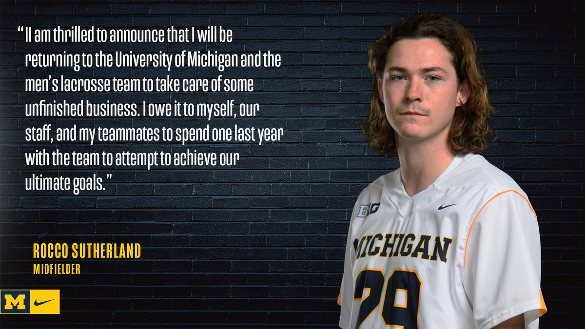 UMichLacrosse's tweet photo. Rocco Sutherland has announced he will be returning for a sixth season, and will study social work as a graduate student.

With 48 games played, he boasts 28 goals, 38 assists, and ranks No. 7 in U-M history with 66 points.

#WearIt | #Scrum20〽 https://t.co/rzclZGAx8U