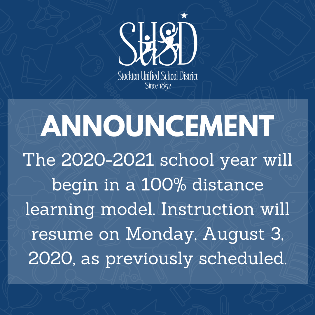 StocktonUnified's tweet photo. The 2020-2021 school year will begin in a 100% distance learning model. Instruction will resume on Monday, August 3, 2020, as previously scheduled.

Full announcement: https://t.co/d22GS2ZZQs https://t.co/8BL9QCOzhF