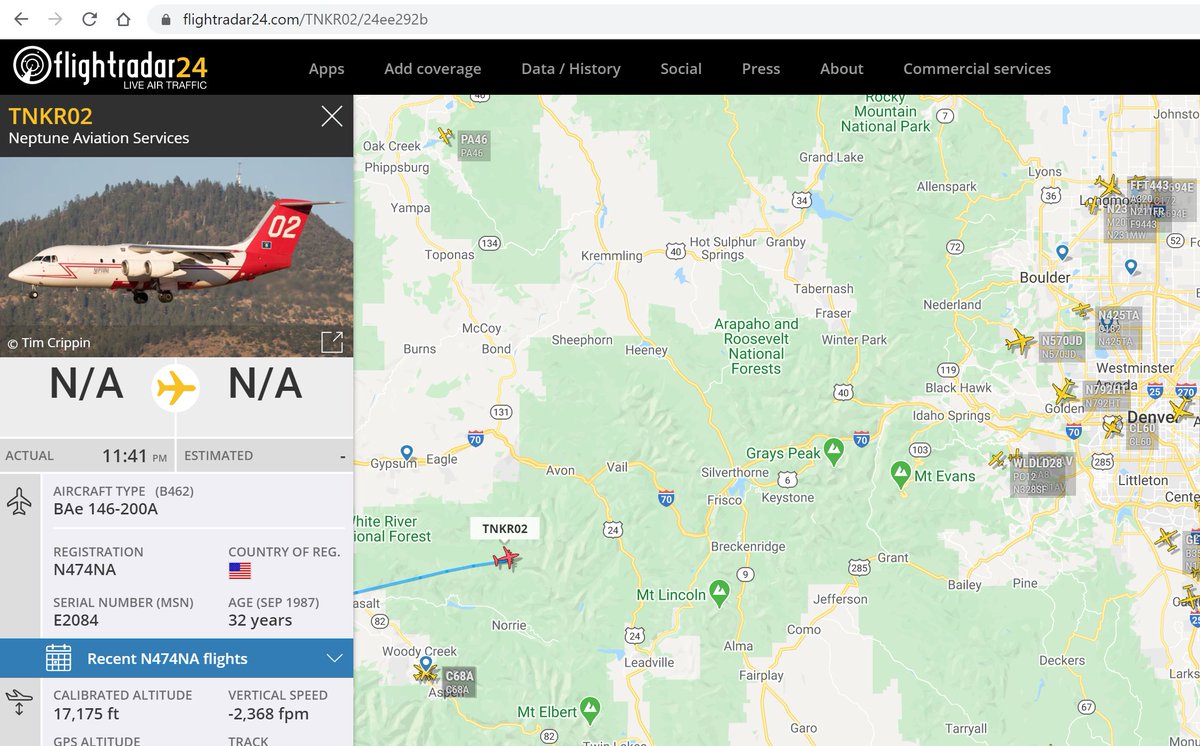8bitmeme's tweet photo. Tanker 02, a Bae 146, looks like it is up next for air attack on the #ElephantButteFire in #Evergreen, CO

https://t.co/aenrg0VVPQ

#firemappers https://t.co/HlnpmKTX2y