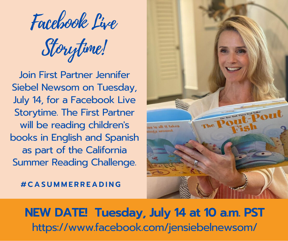 First5Assoc's tweet photo. Facebook LIVE story time with first partner @JenSiebelNewsom TOMORROW July 14 at 10 a.m. Read books in English & Spanish as part of the California Summer Reading Challenge. We’ll see you there! #CASummerReading
Tune in: https://t.co/10hgn44bjO https://t.co/3djSYE7ShM