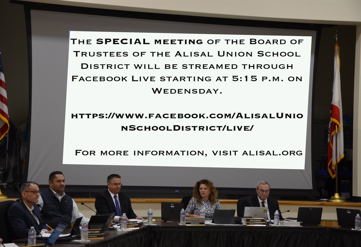 AlisalUSD's tweet photo. @AlisalUSD trustees will have a special meeting at 5:30 p.m. on Wednesday to discuss options for the 20-21 school year. Meeting will be transmitted through Facebook live. La junta directiva del Distrito Alisal tendrá una junta especial para discutir opciones para el año 20-21. https://t.co/gGZ7DhIroB