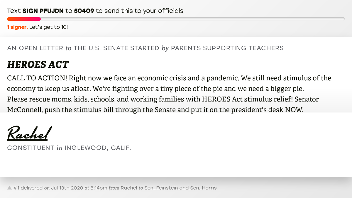 openletterbot's tweet photo. 🖋 Sign “HEROES ACT” and I’ll deliver a copy to your officials: https://t.co/0TF7w5zM97

📨 No. 1 is from Rachel to @SenFeinstein and @SenKamalaHarris #CA43 #CApolitics #CApol https://t.co/h9BdSZ1fCl