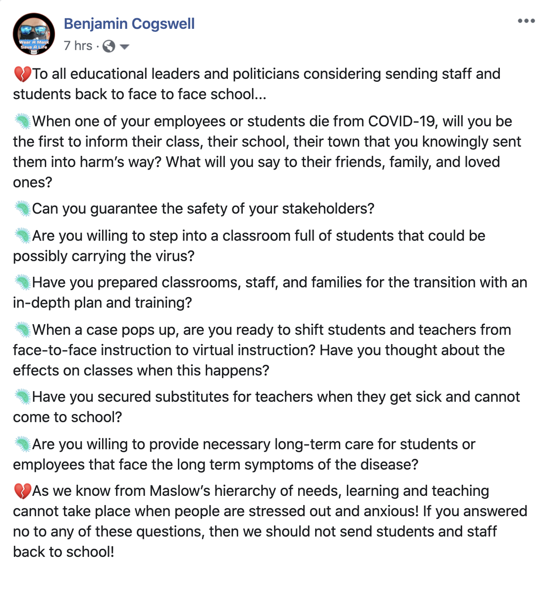 💔This is how I feel about schools reopening!

 🦠If you are an educational leader or politician these questions should help guide your decision! 

#Covid_19 #COVID19 #SchoolReopening #wearecta

<a href="/GavinNewsom/">Gavin Newsom</a> <a href="/BetsyDeVosED/">Secretary Betsy DeVos</a> <a href="/realDonaldTrump/">Donald J. Trump</a> <a href="/ETobyBoyd/">E. Toby Boyd</a>  <a href="/WeAreCTA/">California Teachers Association</a>